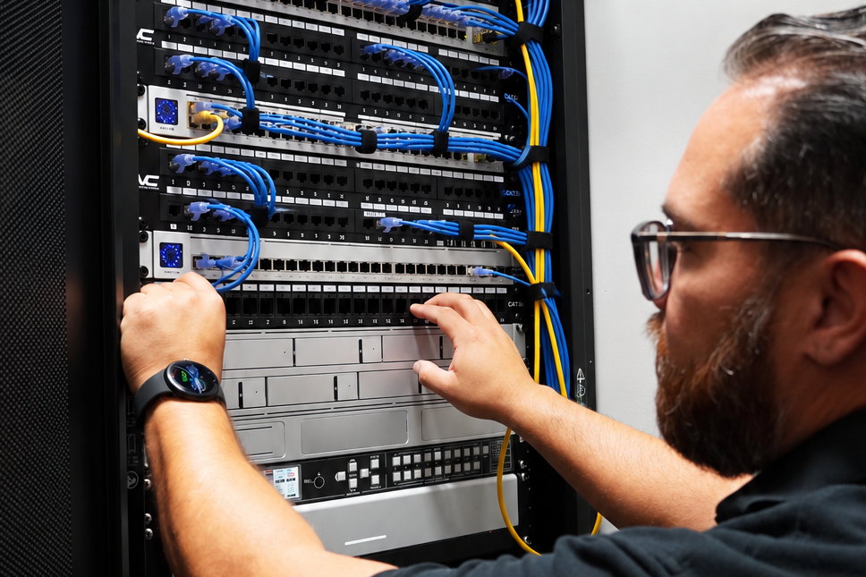 A technician tracing a cable across a patch panel inside a network rack